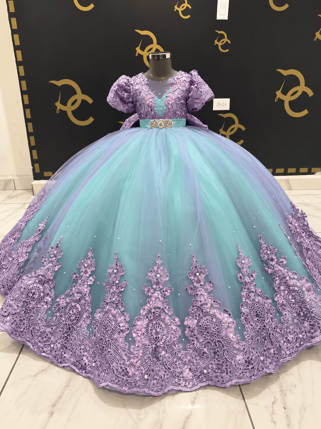 Sunnypetal Enchanted Mint Green &amp; Lavender Lace Flower Girl Dress with Oversized Bow