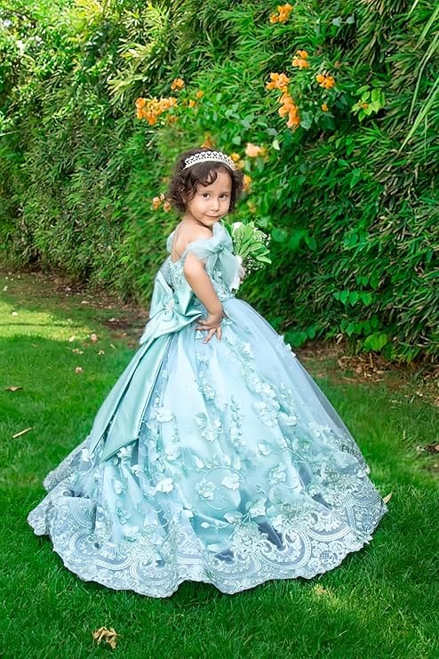 Sunnypetal Enchanted Mint Green Tulle Ball Gown Flower Girl Dress with 3D Floral Appliqués