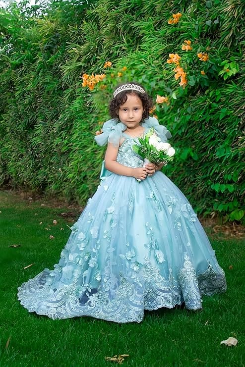 Sunnypetal Enchanted Mint Green Tulle Ball Gown Flower Girl Dress with 3D Floral Appliqués
