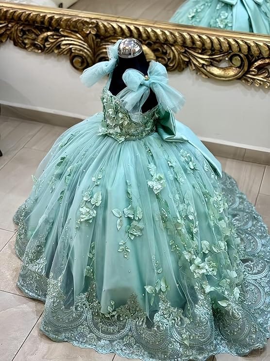Sunnypetal Enchanted Mint Green Tulle Ball Gown Flower Girl Dress with 3D Floral Appliqués