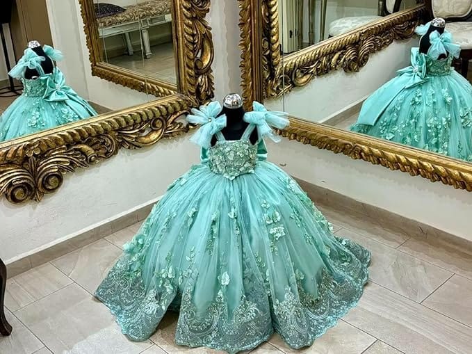 Sunnypetal Enchanted Mint Green Tulle Ball Gown Flower Girl Dress with 3D Floral Appliqués