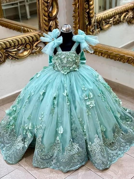 Sunnypetal Enchanted Mint Green Tulle Ball Gown Flower Girl Dress with 3D Floral Appliqués