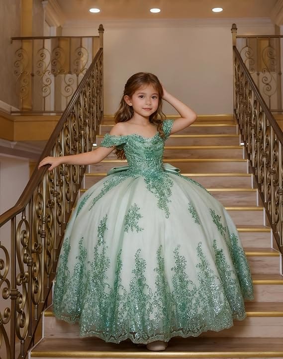 Sunnypetal Enchanted Off-Shoulder Tulle Ball Gown Flower Girl Dress with Lace Appliqués