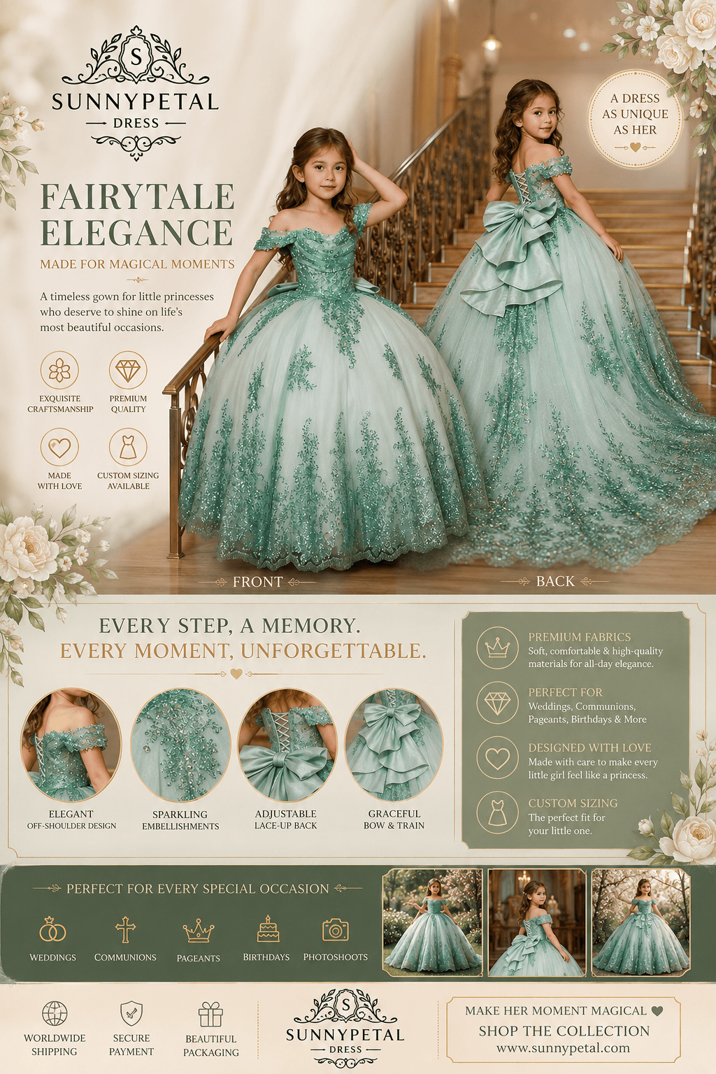 Sunnypetal Enchanted Off-Shoulder Tulle Ball Gown Flower Girl Dress with Lace Appliqués