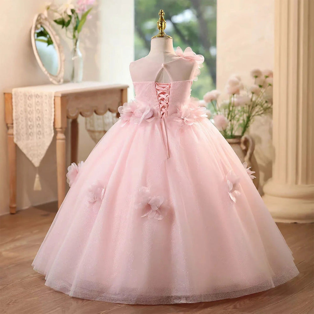 SunnyPetal Enchanted Pink Tulle Ball Gown Flower Girl Dress with 3D Floral Appliqués