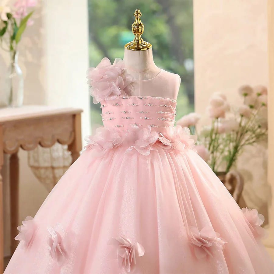 SunnyPetal Enchanted Pink Tulle Ball Gown Flower Girl Dress with 3D Floral Appliqués