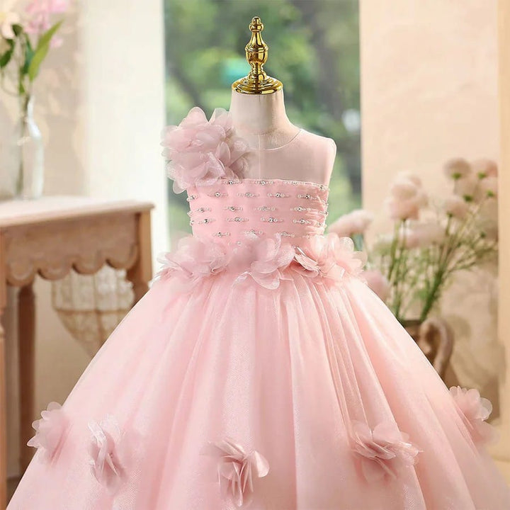 SunnyPetal Enchanted Pink Tulle Ball Gown Flower Girl Dress with 3D Floral Appliqués