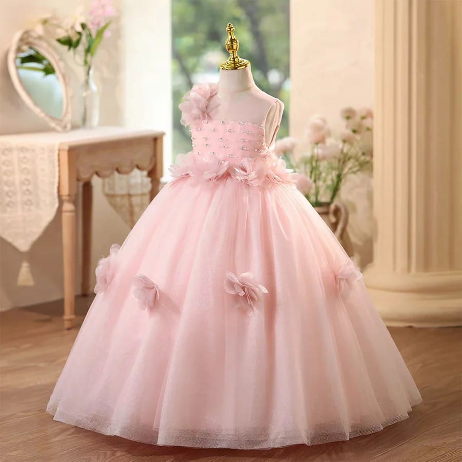 SunnyPetal Enchanted Pink Tulle Ball Gown Flower Girl Dress with 3D Floral Appliqués