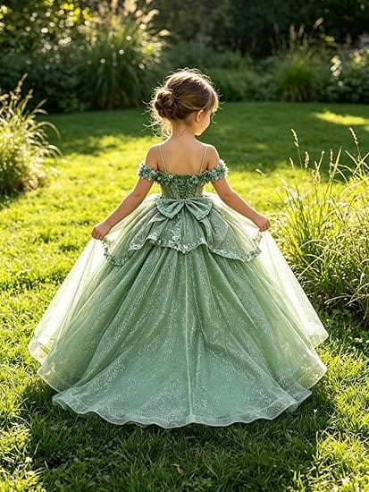 SunnyPetal Enchanted Sage Green Off-Shoulder Lace Appliqué Tulle Flower Girl Gown