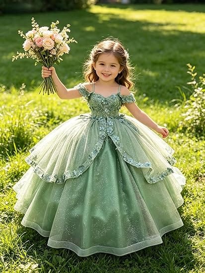 SunnyPetal Enchanted Sage Green Off-Shoulder Lace Appliqué Tulle Flower Girl Gown