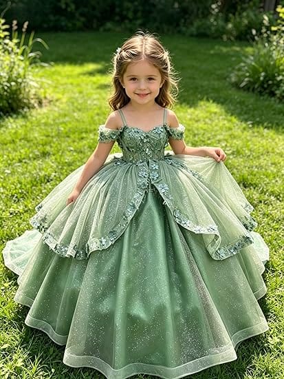 SunnyPetal Enchanted Sage Green Off-Shoulder Lace Appliqué Tulle Flower Girl Gown