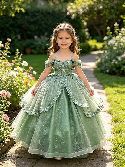 SunnyPetal Enchanted Sage Green Off-Shoulder Lace Appliqué Tulle Flower Girl Gown