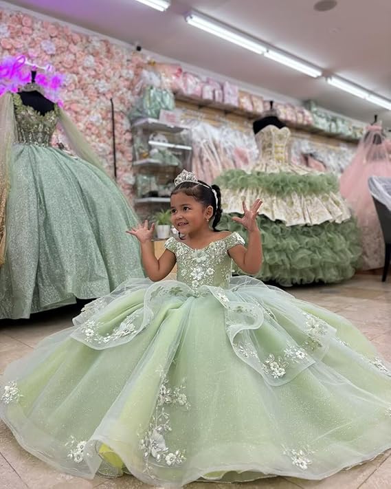 Sunnypetal Enchanted Sage Green Tulle Ball Gown Flower Girl Dress with Floral Appliqués