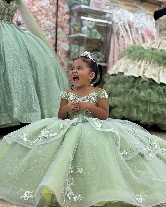 Sunnypetal Enchanted Sage Green Tulle Ball Gown Flower Girl Dress with Floral Appliqués