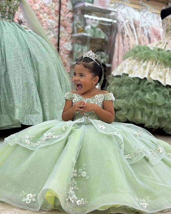 Sunnypetal Enchanted Sage Green Tulle Ball Gown Flower Girl Dress with Floral Appliqués