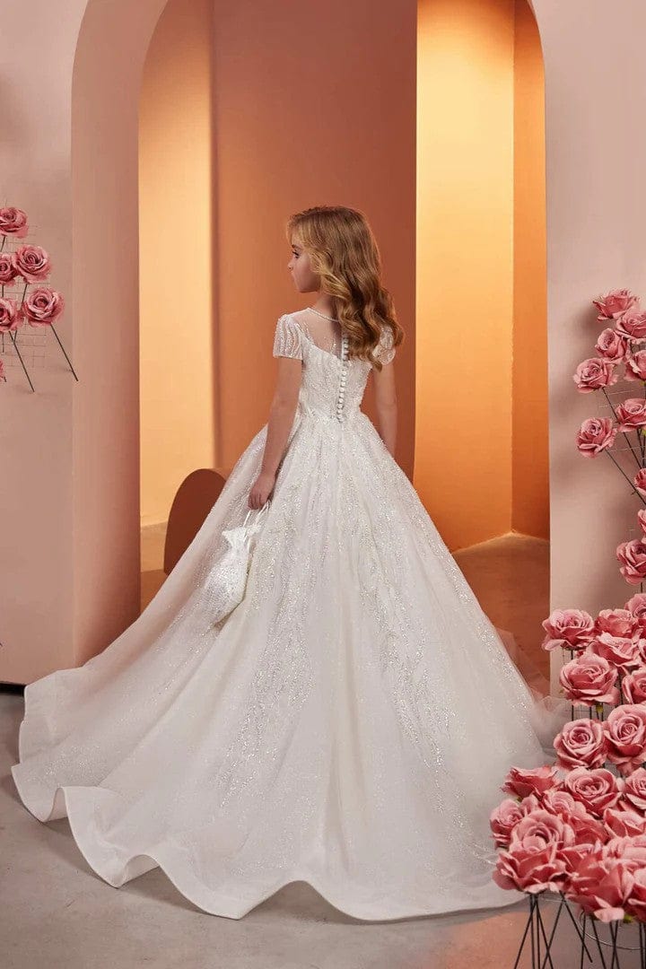 Sunnypetal Ethereal Princess Flower Girl Gown with Sparkling Chapel Train