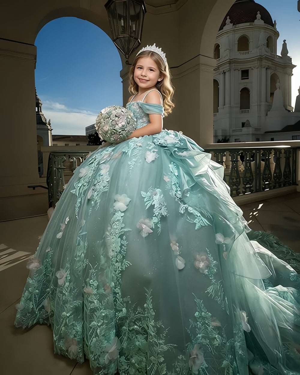 Sunnypetal Exquisite 3D Floral Lace Applique Ruffle Tulle Flower Girl Ball Gown with Bow