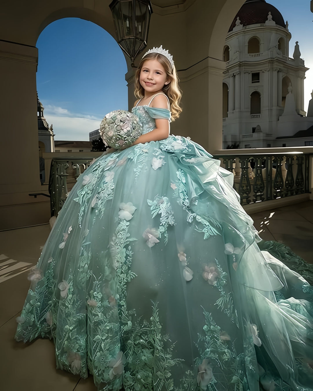 Sunnypetal Exquisite 3D Floral Lace Applique Ruffle Tulle Flower Girl Ball Gown with Bow