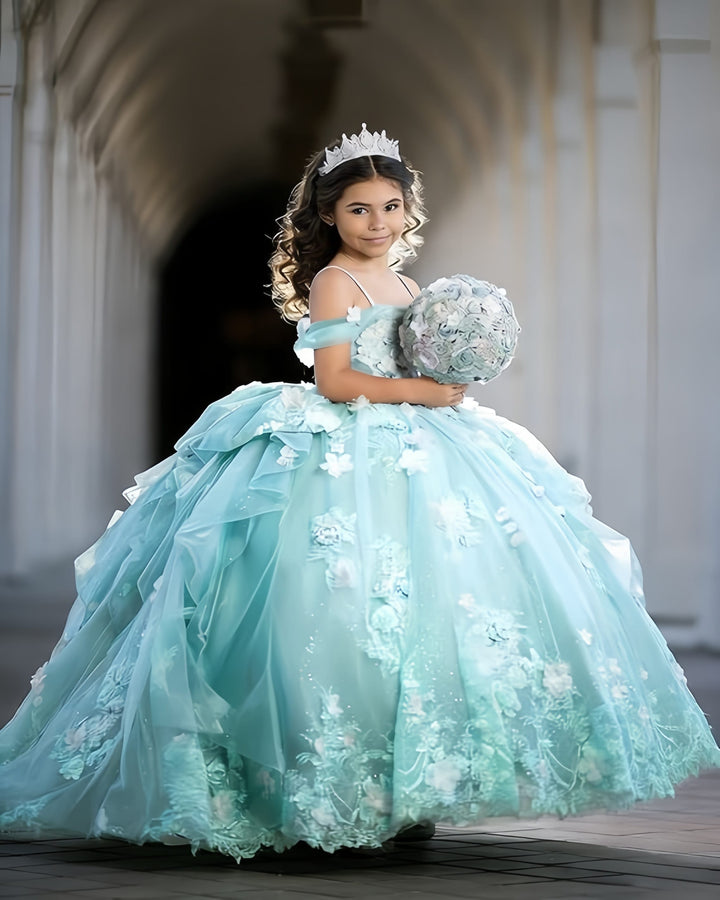 Sunnypetal Exquisite 3D Floral Lace Applique Ruffle Tulle Flower Girl Ball Gown with Bow