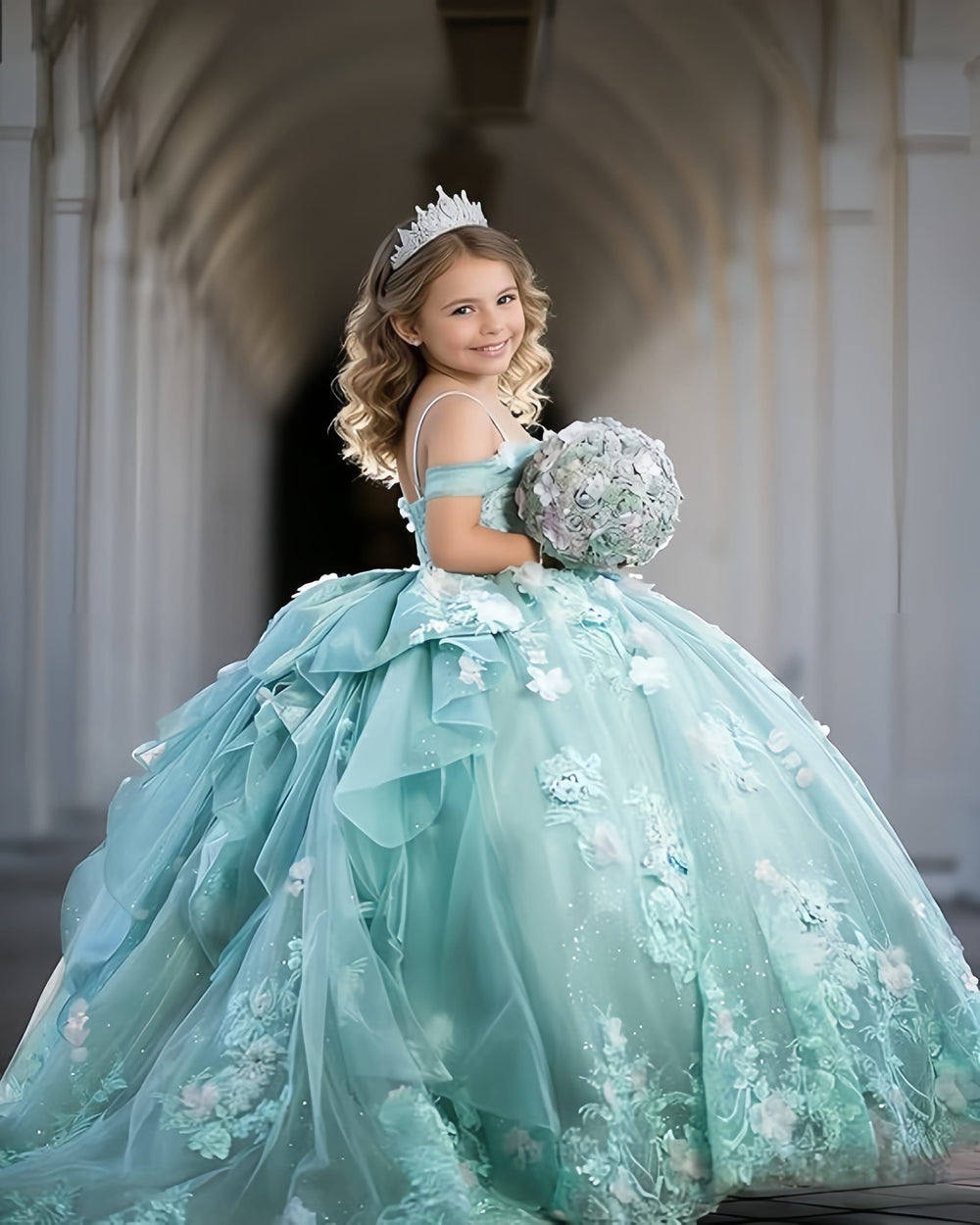 Sunnypetal Exquisite 3D Floral Lace Applique Ruffle Tulle Flower Girl Ball Gown with Bow