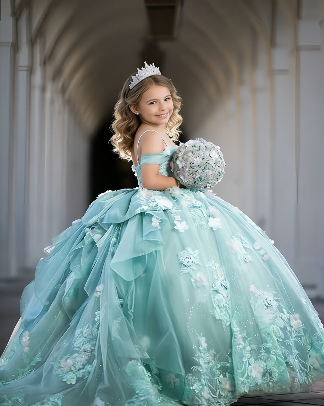 Sunnypetal Exquisite 3D Floral Lace Applique Ruffle Tulle Flower Girl Ball Gown with Bow