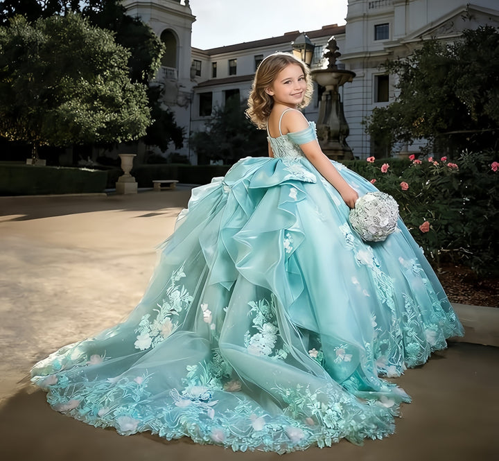 Sunnypetal Exquisite 3D Floral Lace Applique Ruffle Tulle Flower Girl Ball Gown with Bow