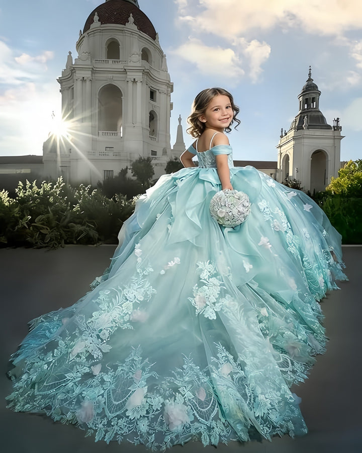 Sunnypetal Exquisite 3D Floral Lace Applique Ruffle Tulle Flower Girl Ball Gown with Bow