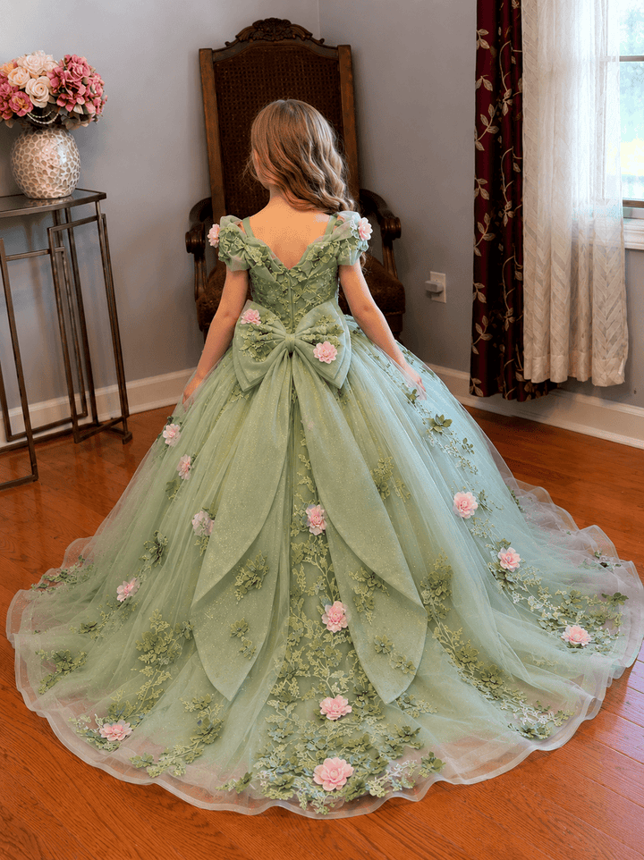 Sunnypetal Exquisite Floral Appliqué Tulle Ball Gown Flower Girl Dress with Oversized Bow