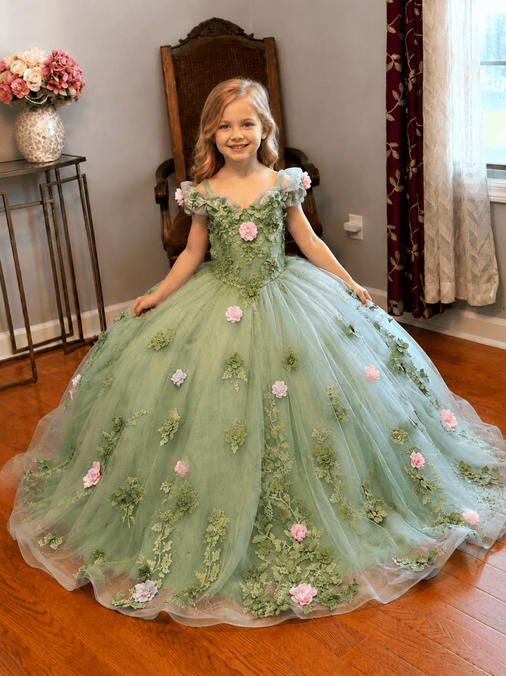 Sunnypetal Exquisite Floral Appliqué Tulle Ball Gown Flower Girl Dress with Oversized Bow