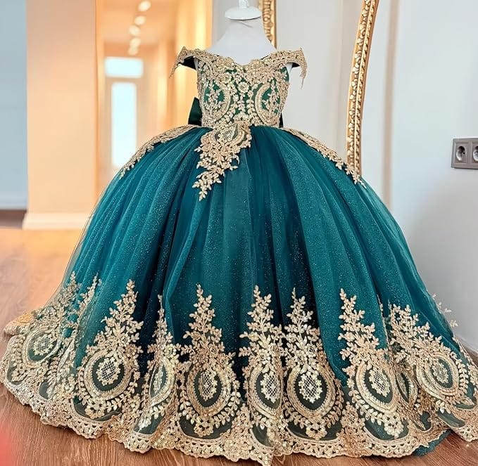 Sunnypetal Exquisite Gold Appliqué Off-Shoulder Princess Flower Girl Dress with Bow