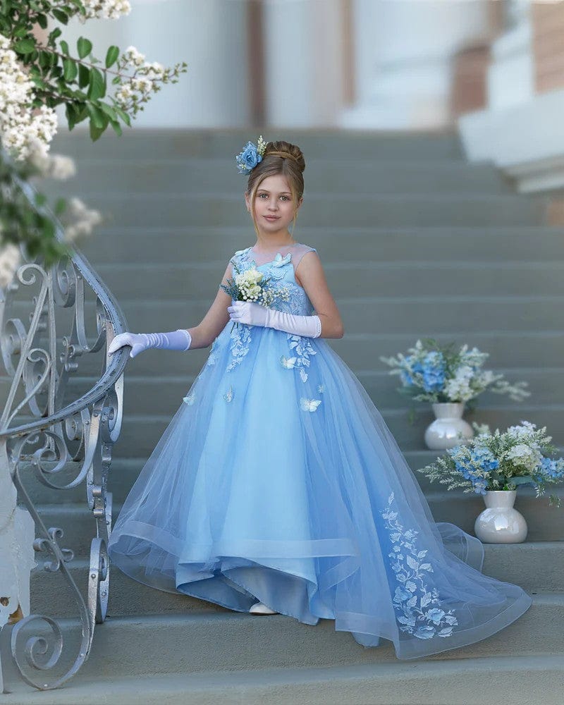 Sunnypetal Exquisite Lace Appliques Butterfly Long Tulle Ball Gown Princess Pageant Dress
