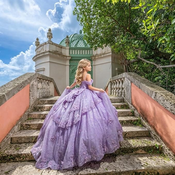 Sunnypetal Exquisite Off-Shoulder 3D Floral Appliqué Pageant Flower Girl Gown