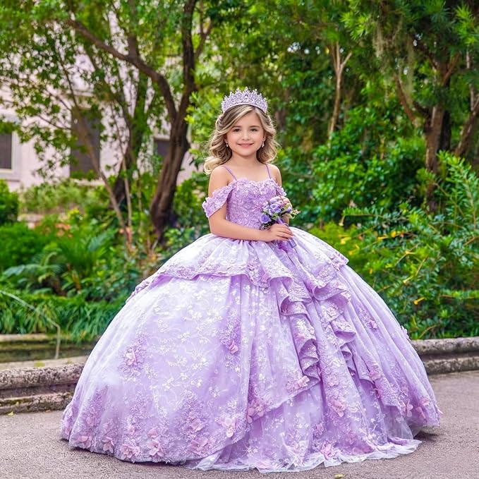 Sunnypetal Exquisite Off-Shoulder 3D Floral Appliqué Pageant Flower Girl Gown