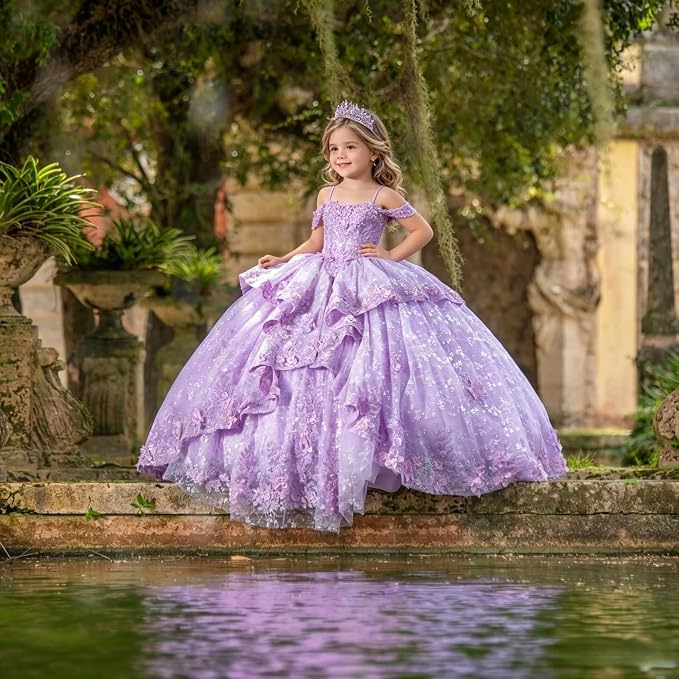 Sunnypetal Exquisite Off-Shoulder 3D Floral Appliqué Pageant Flower Girl Gown