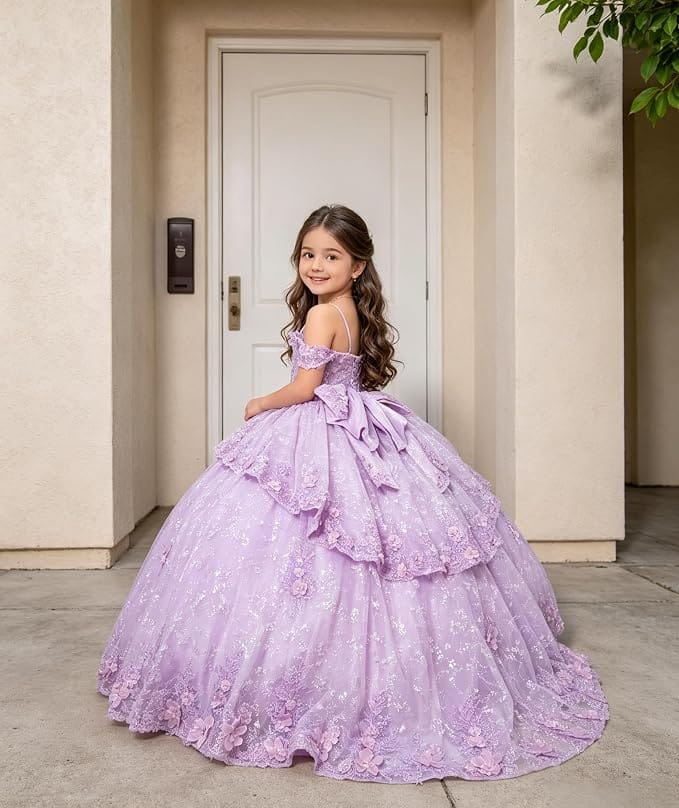 Sunnypetal Exquisite Off-Shoulder 3D Floral Appliqué Pageant Flower Girl Gown