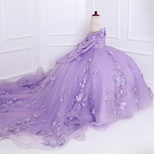 Sunnypetal Exquisite Off-Shoulder 3D Floral Glitter Tulle Ball Gown Flower Girl Dress with Bow