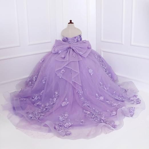 Sunnypetal Exquisite Off-Shoulder 3D Floral Glitter Tulle Ball Gown Flower Girl Dress with Bow