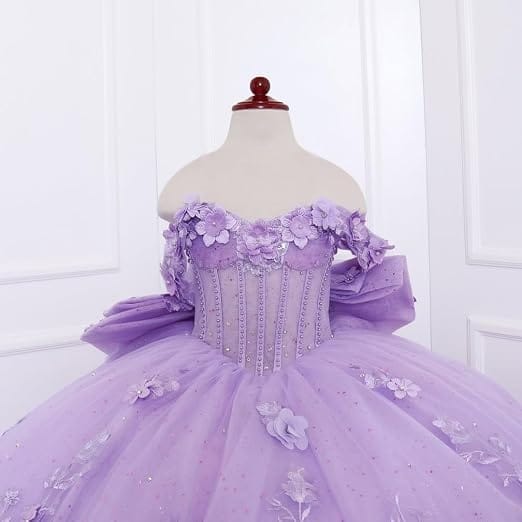 Sunnypetal Exquisite Off-Shoulder 3D Floral Glitter Tulle Ball Gown Flower Girl Dress with Bow