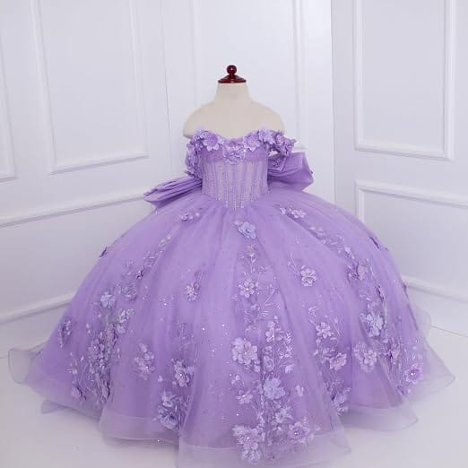 Sunnypetal Exquisite Off-Shoulder 3D Floral Glitter Tulle Ball Gown Flower Girl Dress with Bow