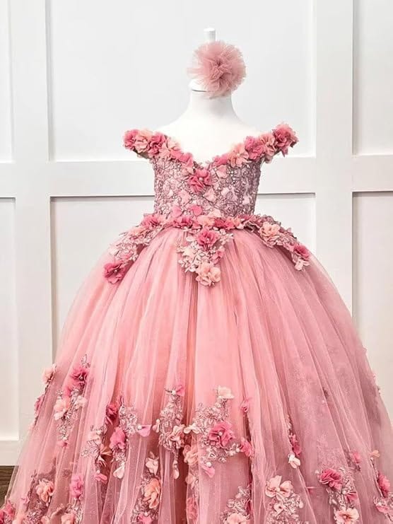 Sunnypetal Exquisite Off-Shoulder Tulle 3D Floral Flower Girl Princess Dress with Satin Bow