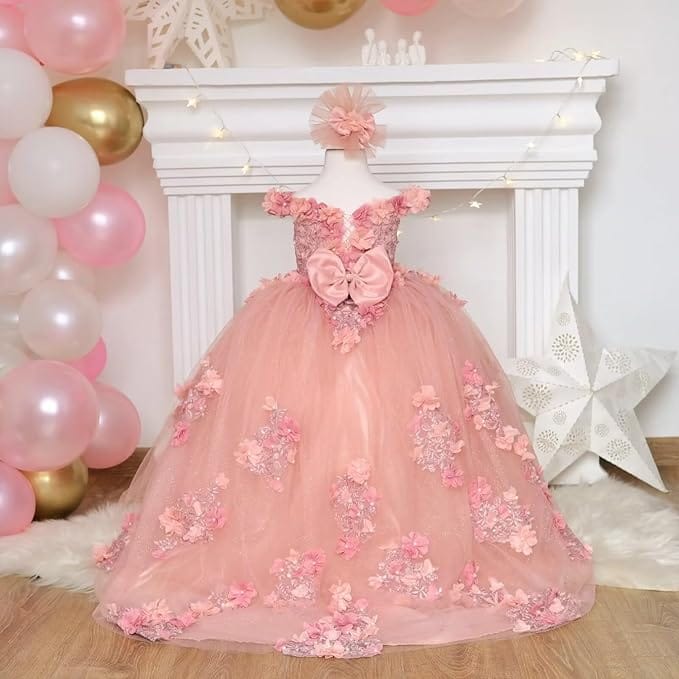 Sunnypetal Exquisite Off-Shoulder Tulle 3D Floral Flower Girl Princess Dress with Satin Bow