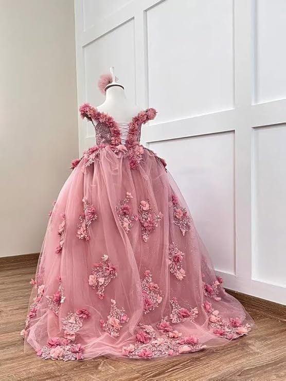 Sunnypetal Exquisite Off-Shoulder Tulle 3D Floral Flower Girl Princess Dress with Satin Bow