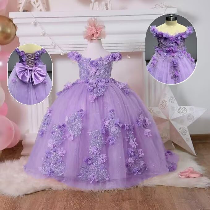 Sunnypetal Exquisite Off-Shoulder Tulle 3D Floral Flower Girl Princess Dress with Satin Bow