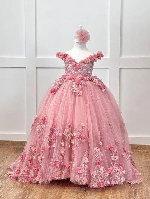 Sunnypetal Exquisite Off-Shoulder Tulle 3D Floral Flower Girl Princess Dress with Satin Bow