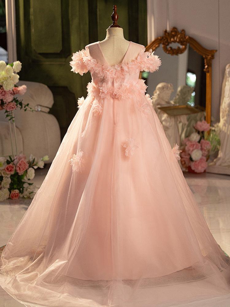 Sunnypetal Exquisite Pink 3D Flower Long Tulle Flower Girl Dresses
