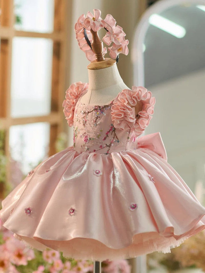 Sunnypetal Exquisite Pink Square Neck Satin Floral Embroidery Flower Girl Dresses