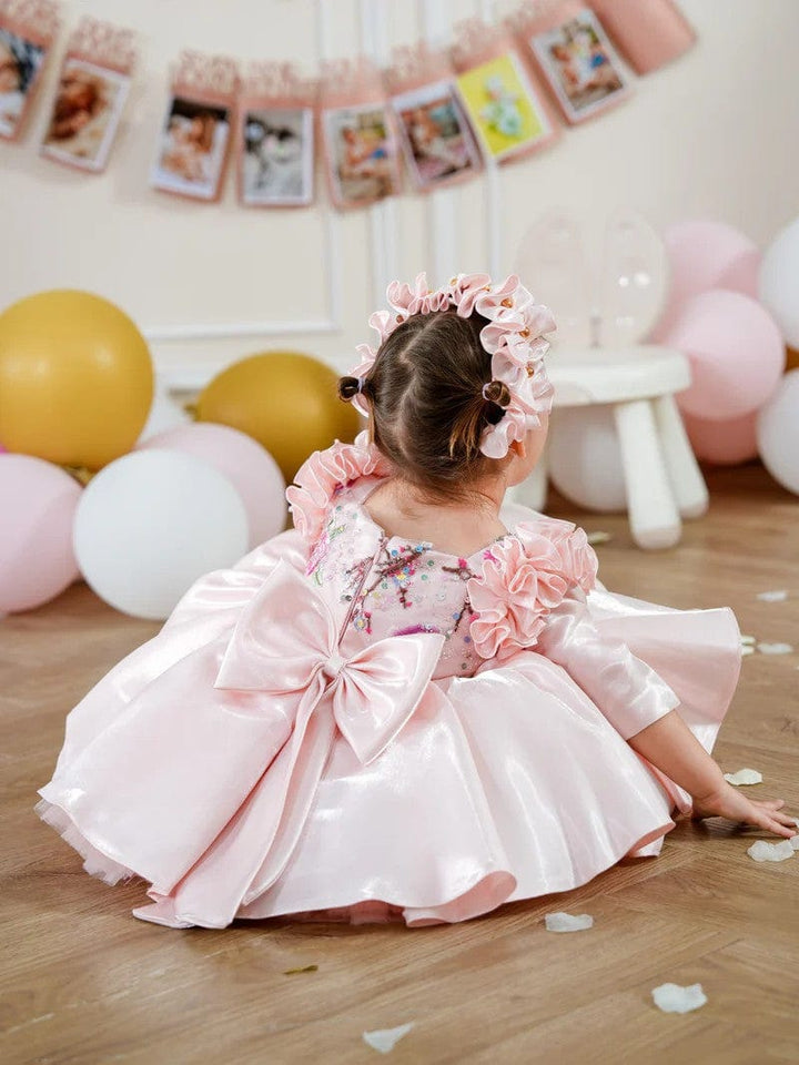 Sunnypetal Exquisite Pink Square Neck Satin Floral Embroidery Flower Girl Dresses