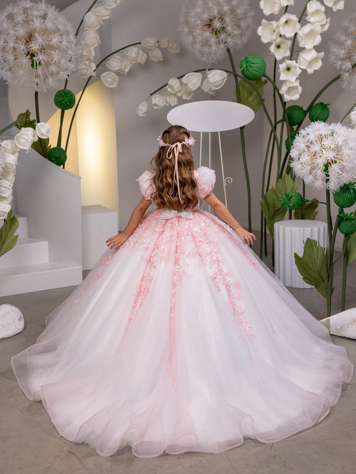 Sunnypetal Exquisite Puff Sleeve Glittering Tulle Flower Girl Dress with Floral Appliqués