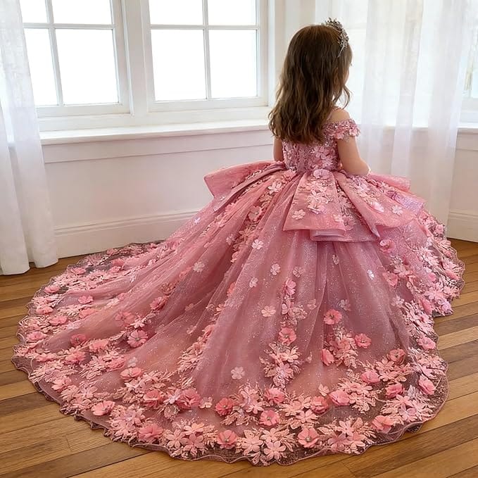 Sunnypetal Exquisite Tulle Off-Shoulder Flower Girl Dress Pageant Gown with 3D Floral Appliqués