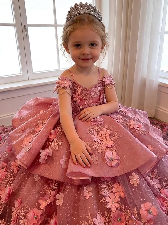 Sunnypetal Exquisite Tulle Off-Shoulder Flower Girl Dress Pageant Gown with 3D Floral Appliqués